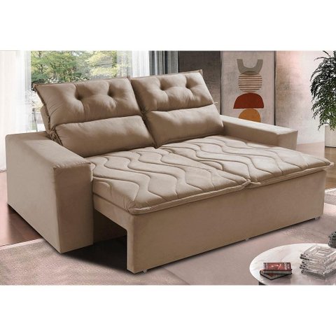 Sofá 3 Lugares Retrátil e Reclinável 1.80m Cama Inbox Smal com Bordado Pantográfico Suede Bege