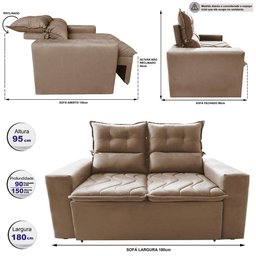 Sofá 3 Lugares Retrátil e Reclinável 1.80m Cama Inbox Smal com Bordado Pantográfico Suede Bege - 2