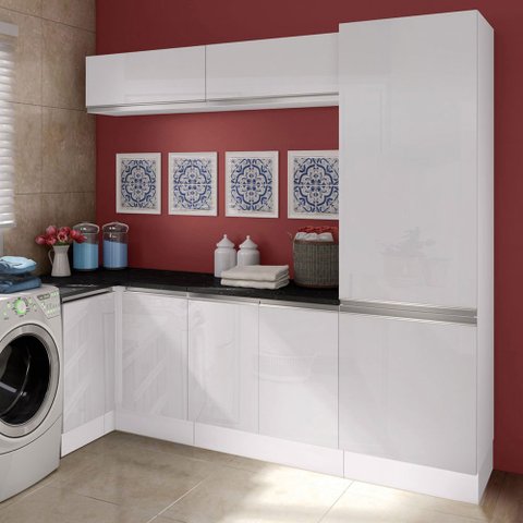 Kit Área De Serviço Madesa Acordes 100% MDF com Armário e Balcão de Canto Portas Branco Brilho Cor:B