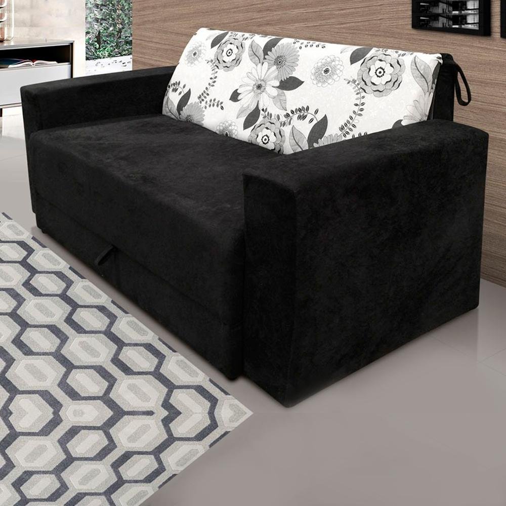 Sofá-Cama 2 Lugares Pratik 5000 Mamflex Preto/Cinza Floral Suede Amassado - 3