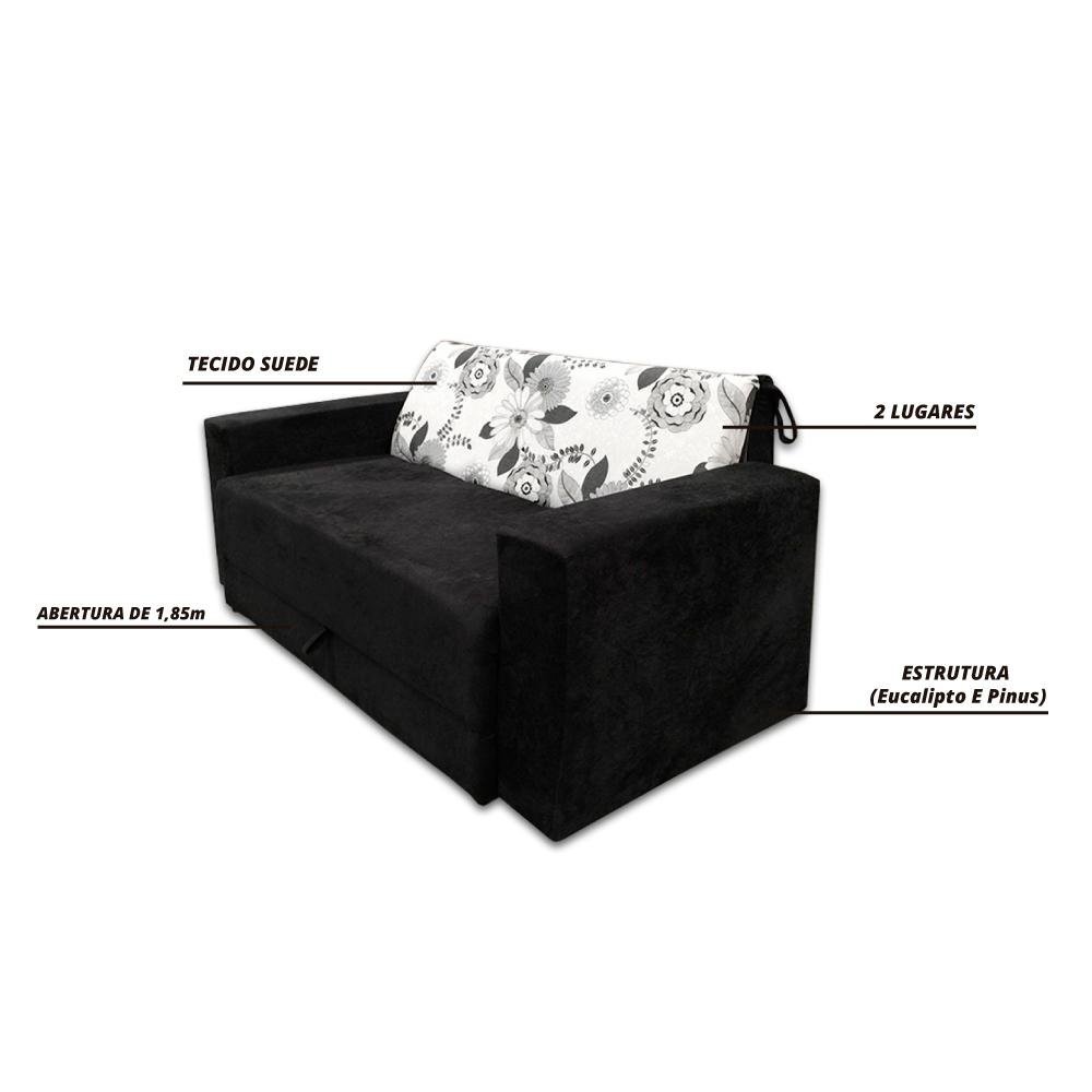 Sofá-Cama 2 Lugares Pratik 5000 Mamflex Preto/Cinza Floral Suede Amassado - 6