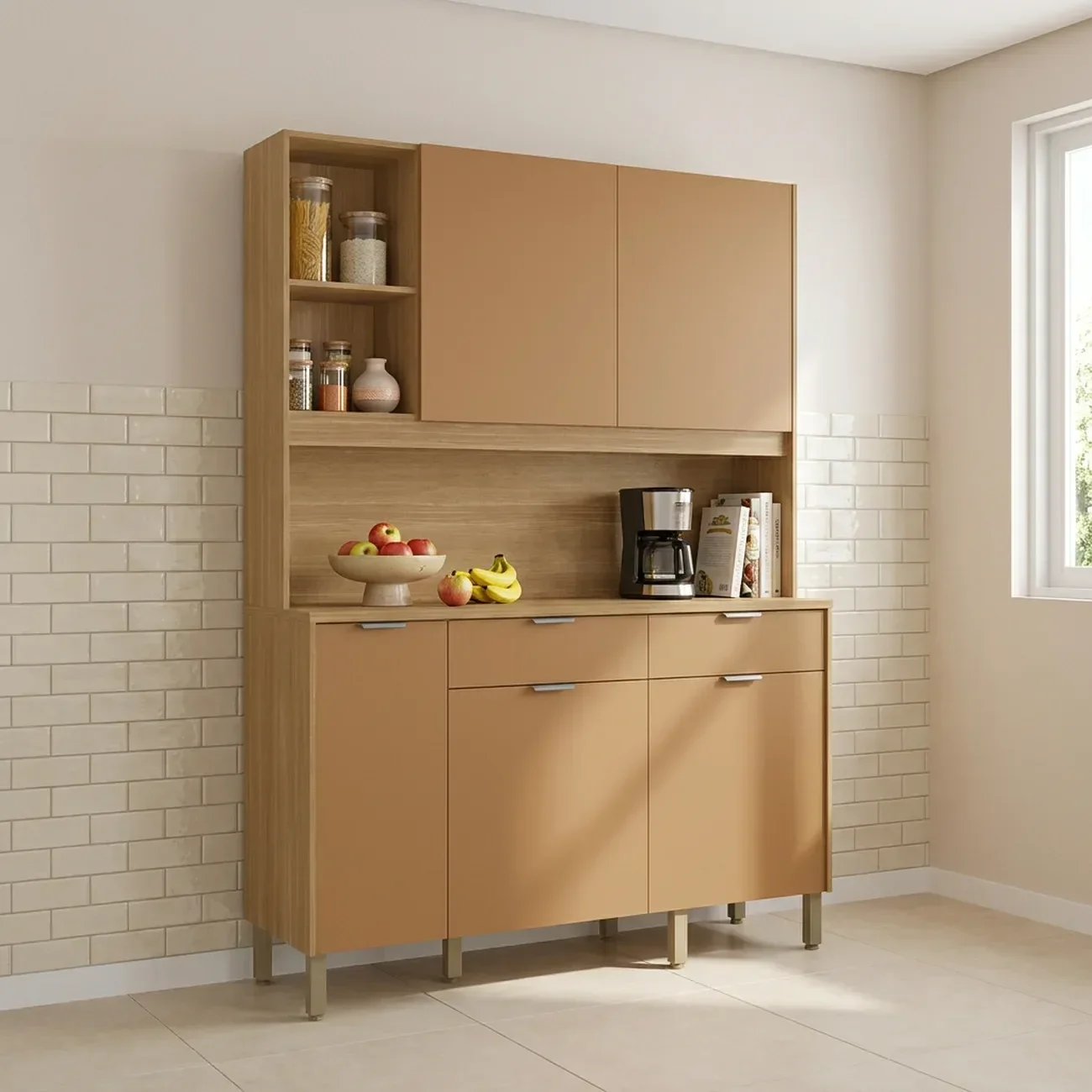 Cozinha Compacta 5 Portas 2 Gavetas 144,7cm Flora Marrom Freijó/Caramelo