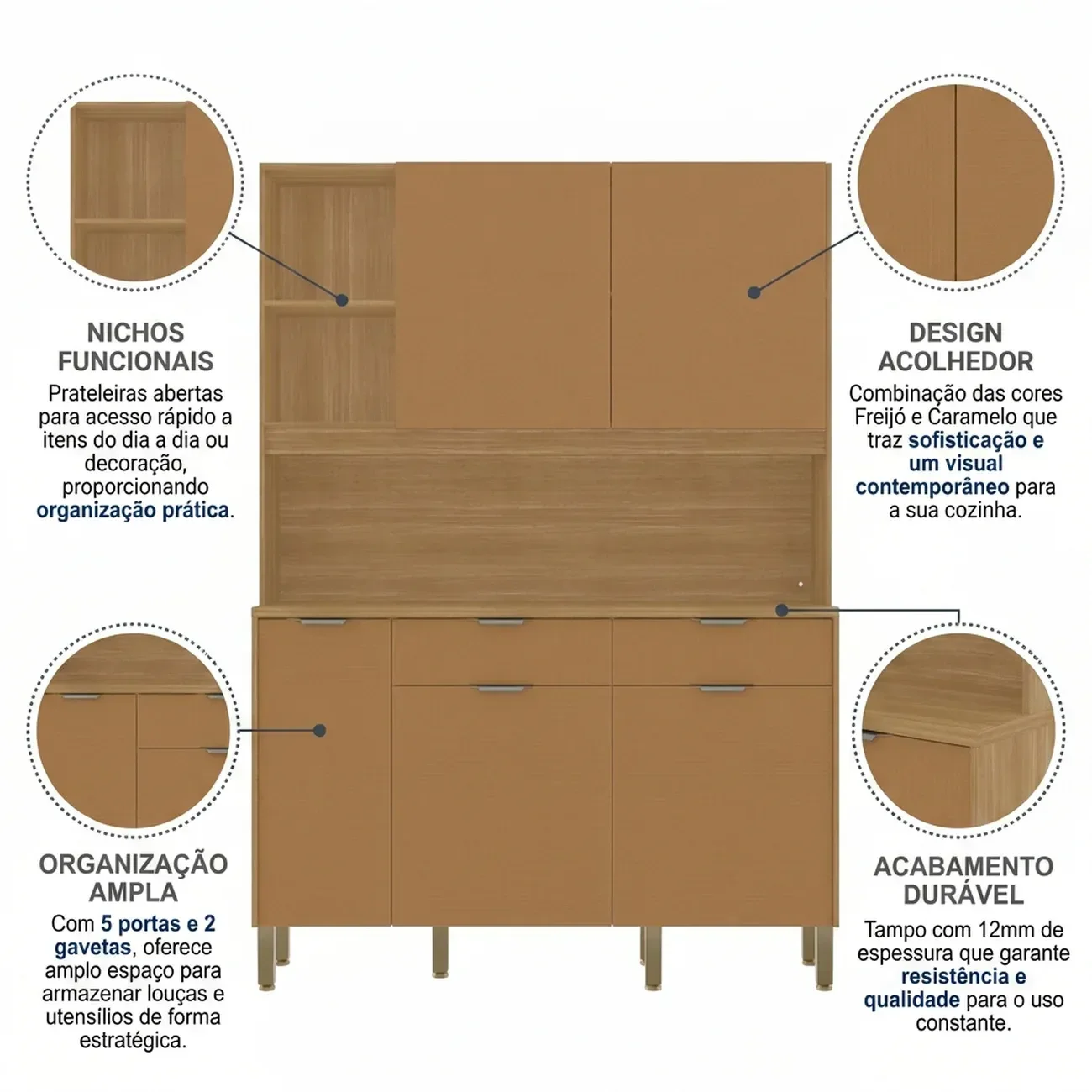 Ver imagem 5 de Cozinha Compacta 5 Portas 2 Gavetas 144,7cm Flora Marrom Freijó/Caramelo
