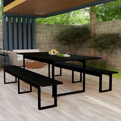 Mesa Industrial com Bancos Jantar Churrasqueira Área Externa Base de Ferro:preto