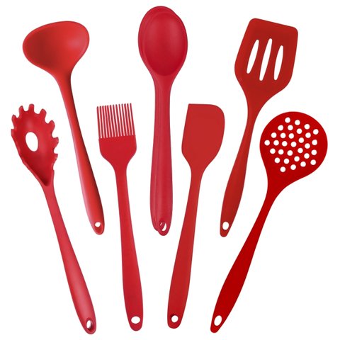 Kit Conjunto 07 Peças de Talheres Silicone Vermelho Utensilio para Cozinha