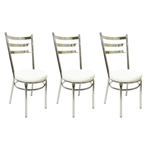 Conjunto 3 Cadeiras de Cozinha Redonda Reforçada Cromada Assento Grosso Branco