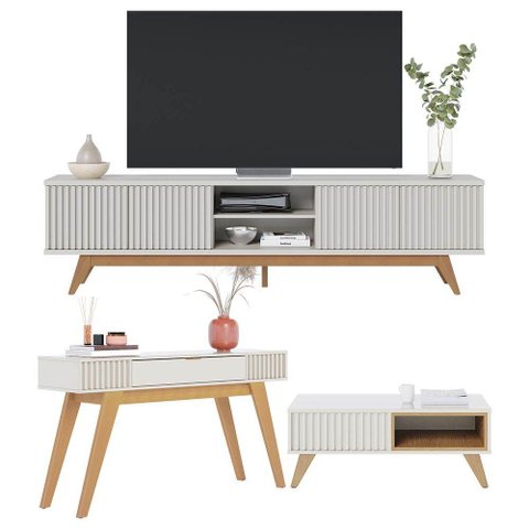 Kit Sala de Estar Completo Rack para Tv Mesa de Centro Aparador Off White Freijó 3 Peças Colibri