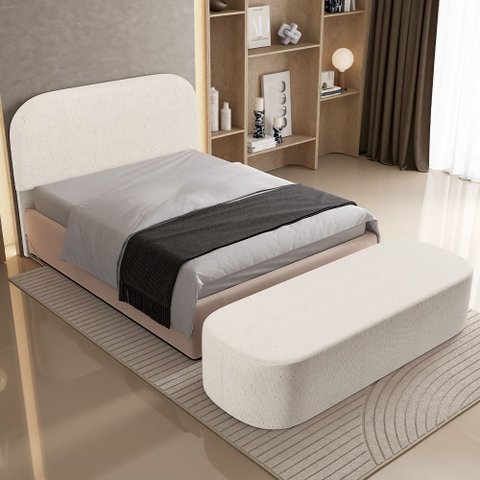 Cabeceira Cama Box Queen 160cm Lanna com Puff Recamier Doha W01 Linho Cru - Lyam Decor