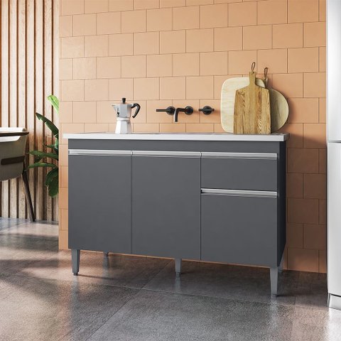 Balcão Tatiane com Pia e Cuba Ghelplus 120cm Cinza Ajl Móveis