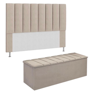 Kit Cabeceira Mais Calçadeira com Bau Eros Casal 140 Cm para Cama Box Suede Bege Biselos-decor