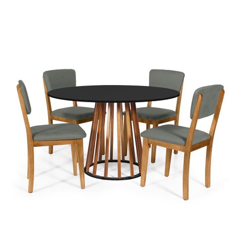Mesa de Jantar Redonda Gabi Nat/pret com 4 Cadeiras Estofadas Ella Cinza