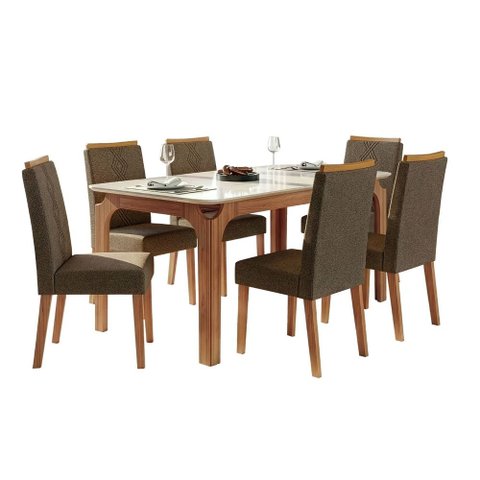 Conjunto Sala de Jantar Mesa Tampo em Vidro 1,60m Mel 6 Cadeiras Tati