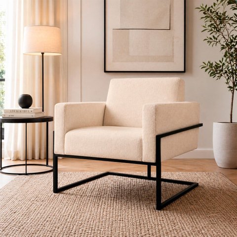 Poltrona Decorativa Estofada Veludo Base Metálica Industrial Prime Preto – Paraná Metal:Off White