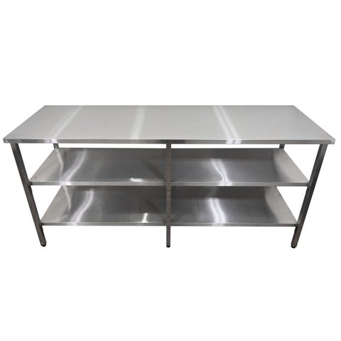 Mesa de Aço Inox Industrial 190x70x90 cm com 2 Prateleiras Plano Liso Nortinox