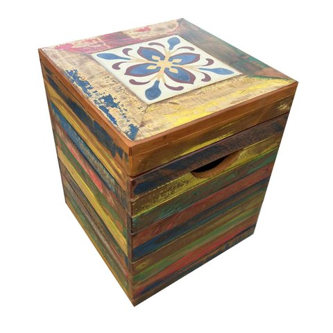 Banco BANQUETA PUFF Madeira Com Ladrilho Banco Artesanal Baú pátina colorida MINAS ARTE PRÓPRIA banc