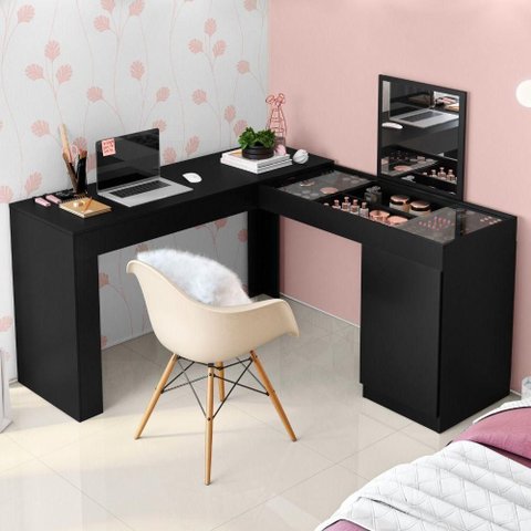 Escrivaninha Penteadeira Camarim de Canto com Espelho Star Preto Fosco Liso - Mabe Magazine