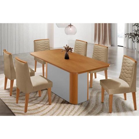 Conjunto: Mesa Sala Jantar Pietá Tampo Curvo 180cm+6 Cadeiras Maldivas Madeira Naturale/off White