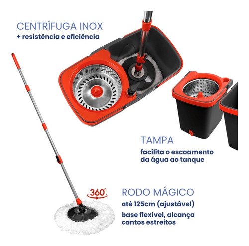 Mop Esfregão Duo Giratório Desmontável Duas Águas Cesto Inox - 6