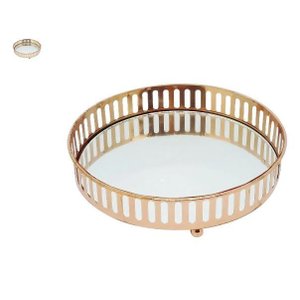 Bandeja Redonda de Metal Rose Gold com Espelho