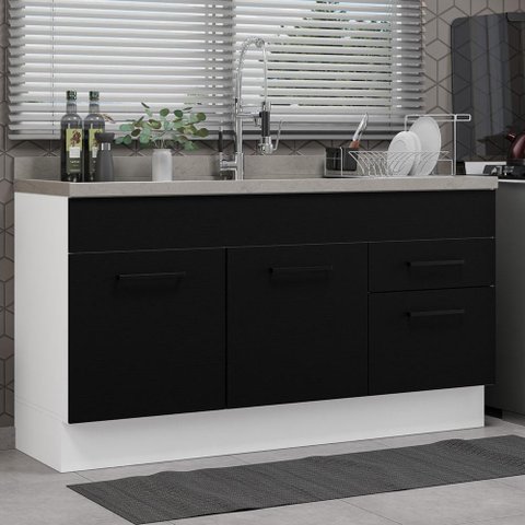 Balcão Gabinete de Pia Cozinha 150 cm 2 Portas e 2 Gavetas (Sem Tampo e Pia) Branco/Preto Agata Madesa