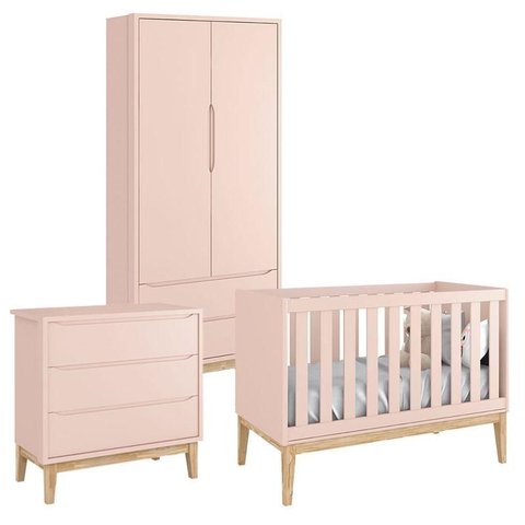 Quarto de Bebê Classic 2 Portas Rosa com Pés Madeira Natural – Reller