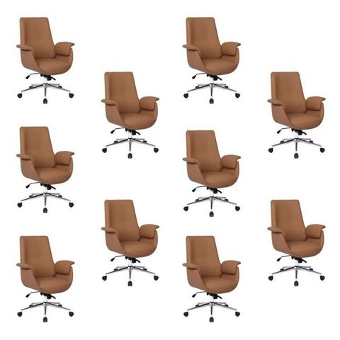 Kit com 10 Cadeiras Office Diretor com Revestimento em Couro e Base em Aço Cromado Valencia Caramelo