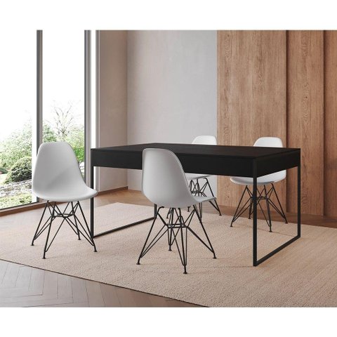 Mesa Jantar Industrial Retangular 137X90Cm Preta Com 4 Cadeiras Brancas Base Ferro Cor: Preto