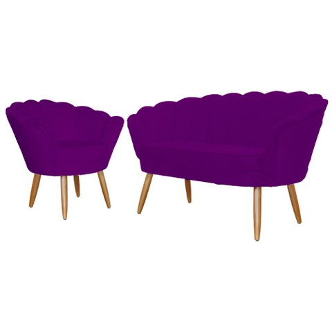 Kit Namoradeira + 1 Poltrona Decorativa Pétala Suede Roxo Pés Madeira Ms Decor