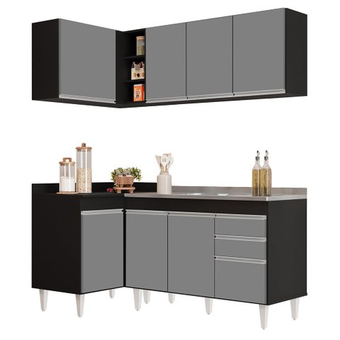 Armário de Cozinha Modulado de Canto Direito 4 Peças Cp39 com Pia Inox Preto/cinza - Lumil Lumil Móv