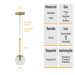 Pendente Globo Esfera de Vidro 12cm - Ouro - Vidro Cristal - 5