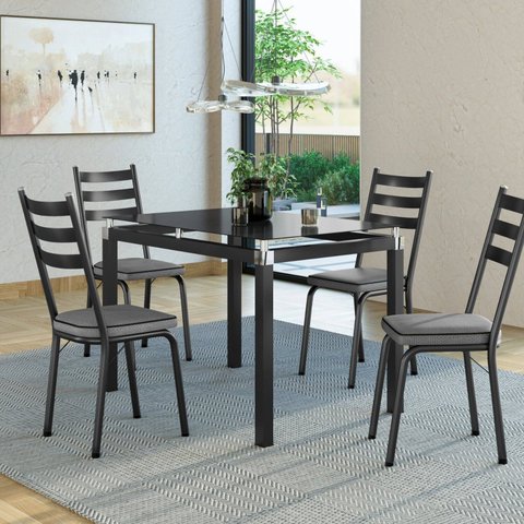 Conjunto Mesa 107x73cm Malva com 4 Cadeiras New Preto/Platina