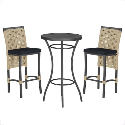 Mesa Bistro e 2 Banquetas Roma Preta Corda Náutica 12 Trama Original