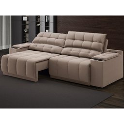 Sofá com Porta Copos Carregador USB Ret Rec Samurai 2,30m Velosuede Marrom - NETSOFAS - 1