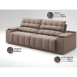 Sofá com Porta Copos Carregador USB Ret Rec Samurai 2,30m Velosuede Marrom - NETSOFAS - 3