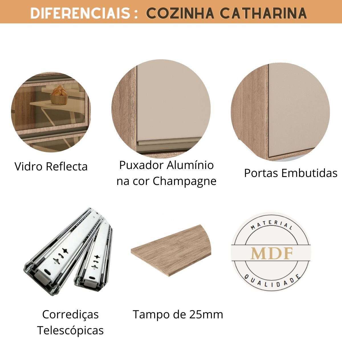 Cozinha Modulada Completa de Canto Catharina com Vidro Reflecta 9 Peças em MDF Amadeirado Nude - 7