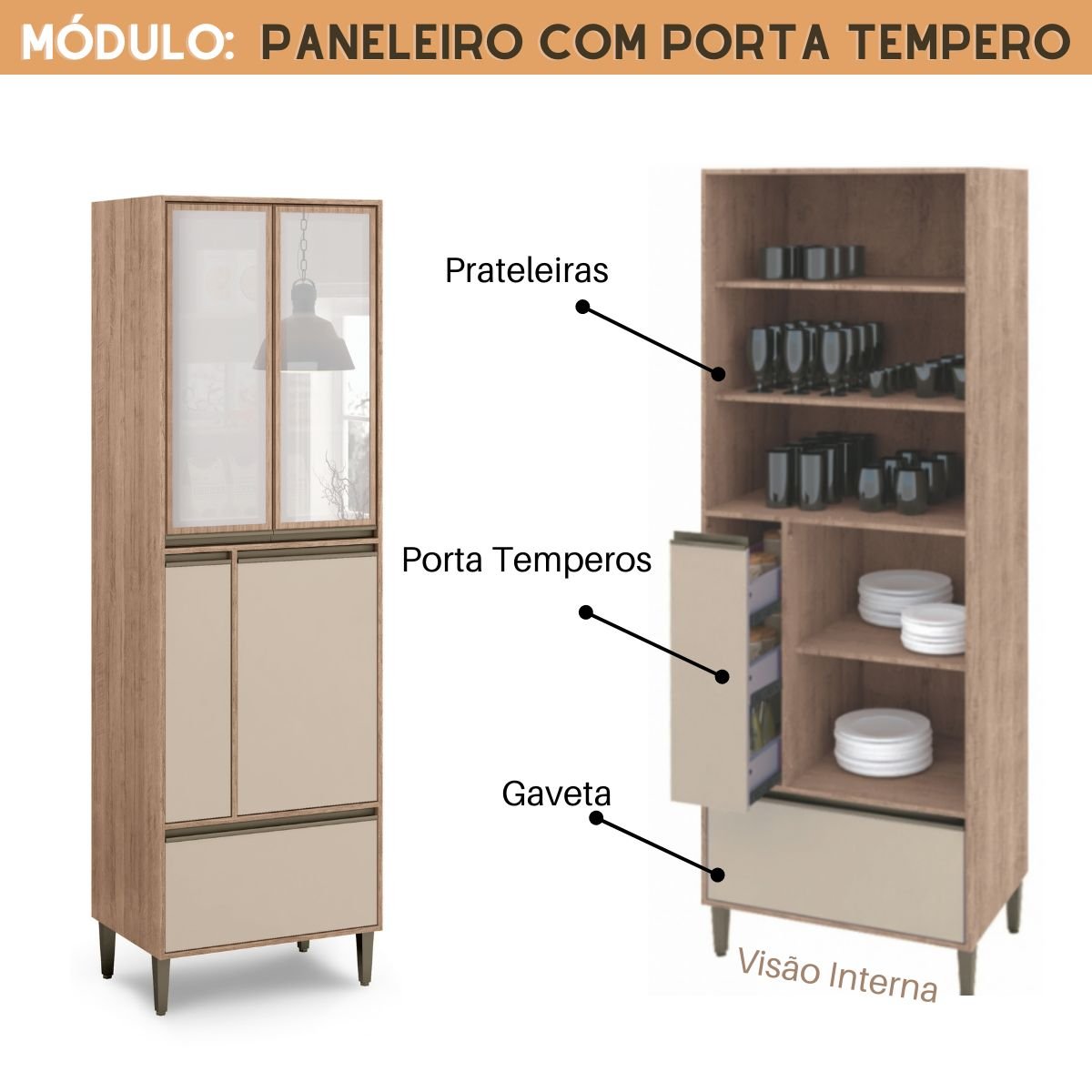 Cozinha Modulada Completa de Canto Catharina com Vidro Reflecta 9 Peças em MDF Amadeirado Nude - 4