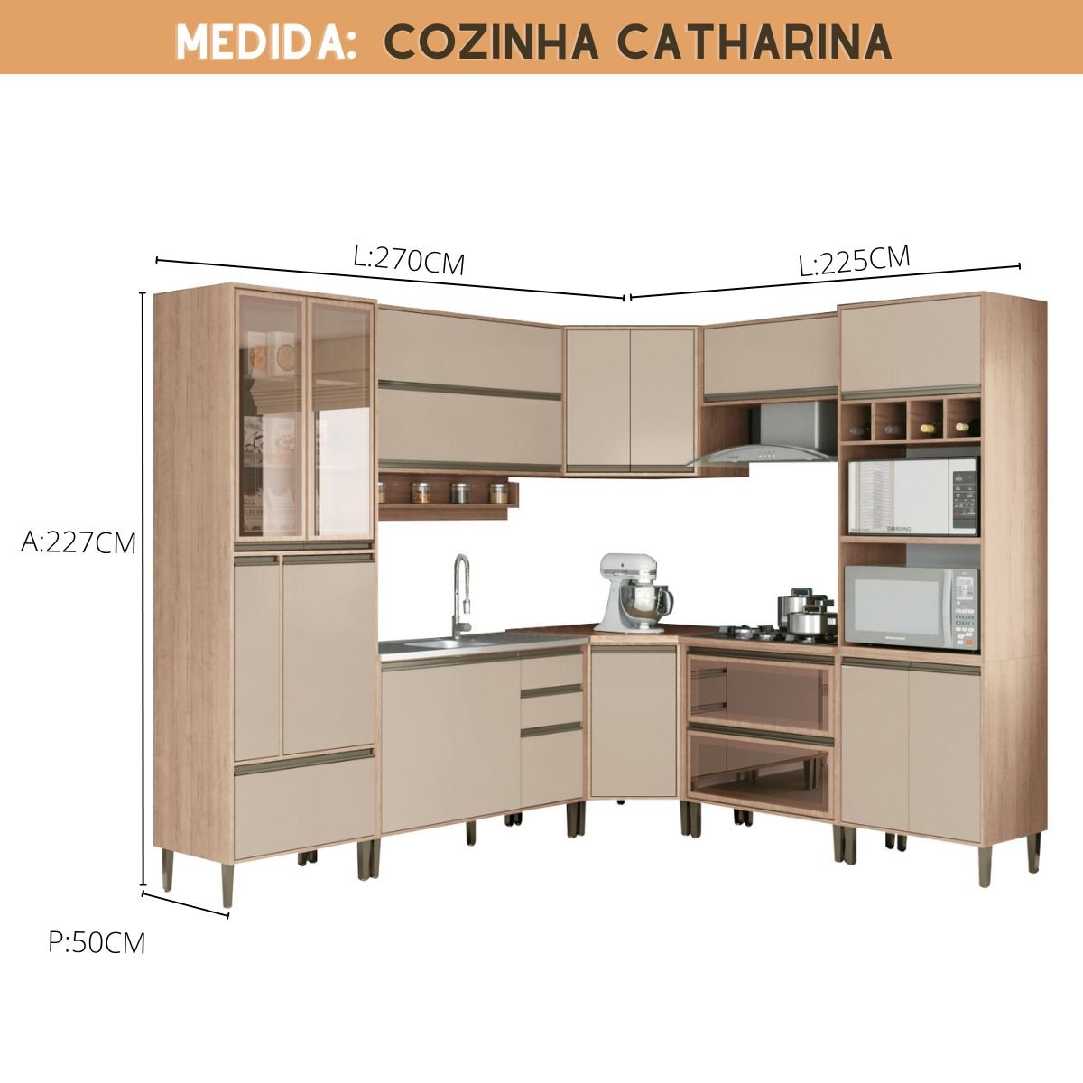 Cozinha Modulada Completa de Canto Catharina com Vidro Reflecta 9 Peças em MDF Amadeirado Nude - 2