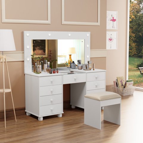 Penteadeira Camarim 9 Gav Mila New C/led + Banqueta - Branca