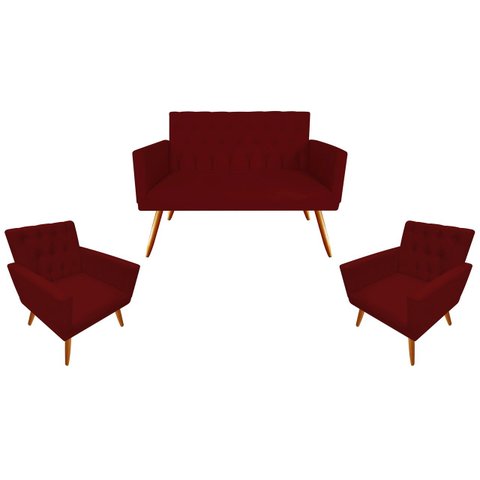 Kit Namoradeira + 2 Poltronas Decorativa Nina Capitonê Suede Marsala Pés Madeira Mz Decor