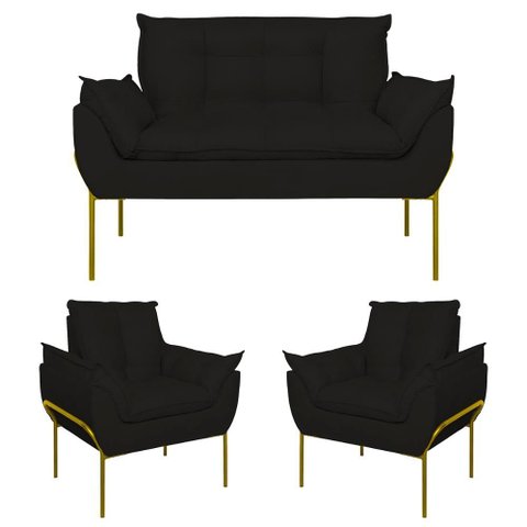 Kit 2 Poltronas + Namoradeira Pé Metal Dourado Recepção Sala Cor:preto