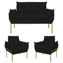 Ver imagem 1 de Kit 2 Poltronas + Namoradeira Pé Metal Dourado Recepção Sala Cor:preto
