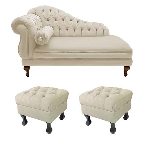 Recamier Divã Namoradeira Larissa 150cm + 2 Puffs Retrô Suede Bege