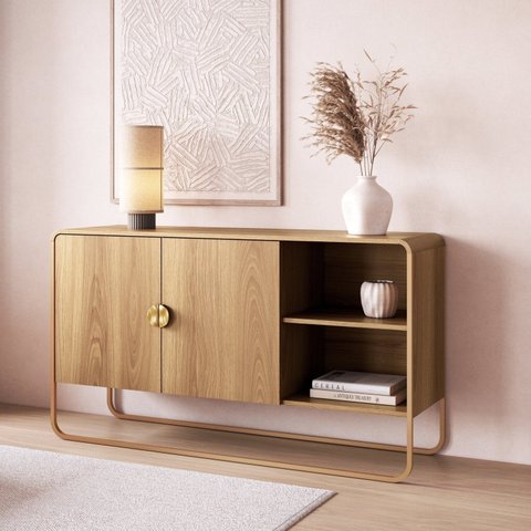Balcão Buffet 135cm 2 Portas Orgânico Pé Metal Luna Bege/Hanover/Dourado