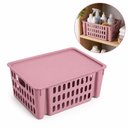 Ver imagem 1 de Caixa Organizadora Infantil Empilhavel Rosa Cesto 7,4L Gaveteiro Vazado com Tampa Multiuso Guarda Ro