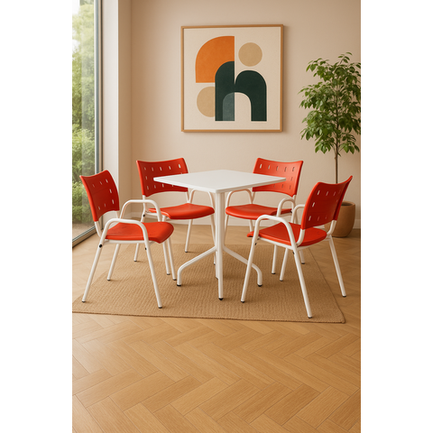 Jogo Mesa Quadrada 70x70 para Restaurante Comércio com 4 Cadeiras Iso Vermelha Base Branca