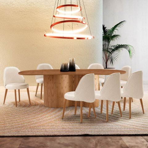 Mesa de Jantar Suiça 220cm Madeira Tampo Laminado Orgânico com 8 Cadeiras Suiça
