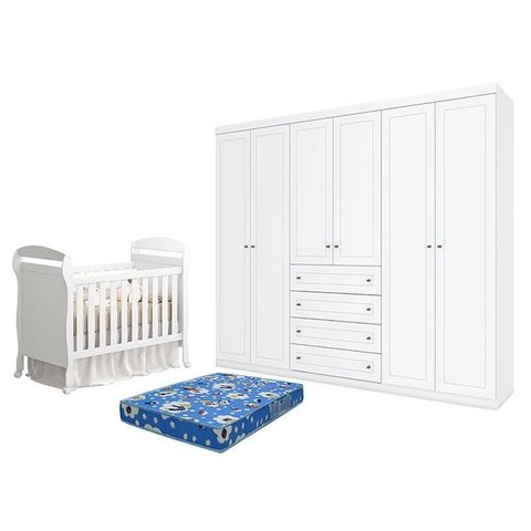 Berço Americano Danny Branco Acetinado Reller e Guarda Roupa Casal Americano 6 Portas Branco Hp e Co
