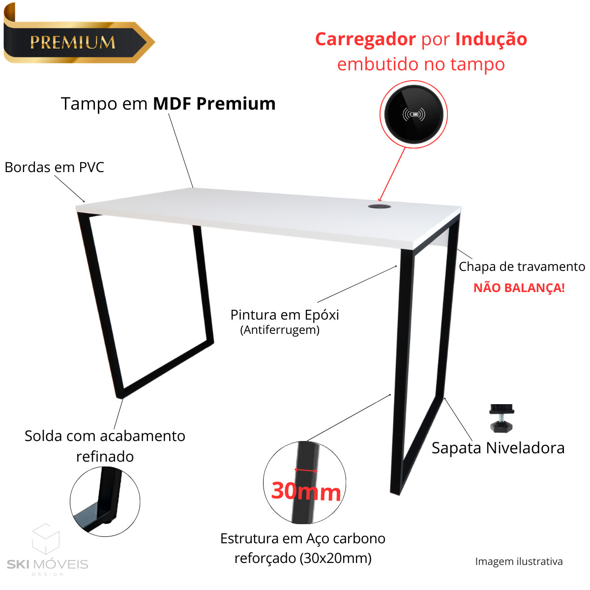 Mesa Escrivaninha Home Office Estilo Industrial 100% Mdf com Usb/tipo-c Embutido:branco - 3