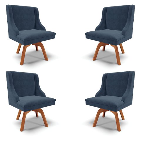 Kit 4 Cadeiras Decorativas Sala de Jantar Base Giratória de Madeira Firenze Suede Azul Marinho/Natur