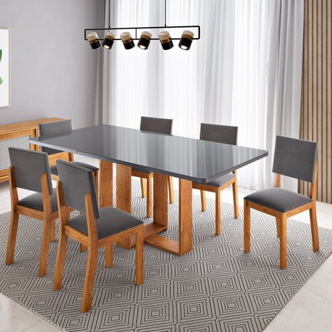 Conjunto de Mesa de Jantar 6 Lugares com Tampo de Vidro Jady Cinza